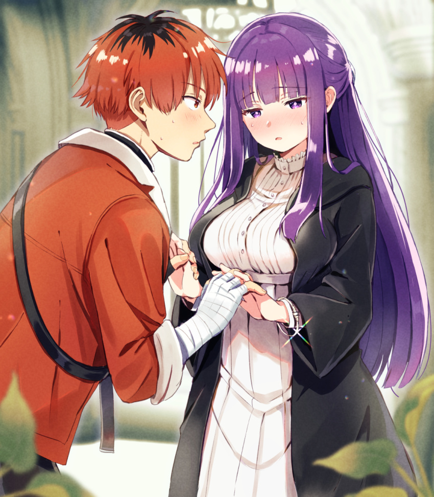 1boy 1girl arm_wrap bandaged_arm bandages black_robe blush bracelet breasts brown_hair commentary_request couple dress fern_(sousou_no_frieren) fumishichi hetero highres holding_hands interlocked_fingers jewelry large_breasts long_dress long_hair nose_blush purple_eyes purple_hair ribbed_dress robe sousou_no_frieren stark_(sousou_no_frieren) straight_hair white_dress