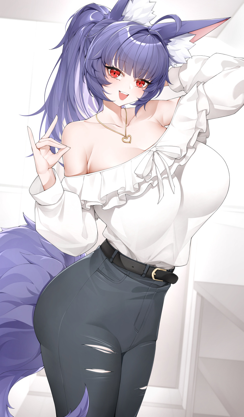 1girl :d absurdres ahoge animal_ear_fluff animal_ears arm_behind_head bare_shoulders belt black_belt black_pants breasts casul cleavage commentary commission cowboy_shot diamond-shaped_pupils diamond_(shape) english_commentary fang fox_ears fox_girl fox_shadow_puppet fox_tail hair_intakes hand_up heart heart_necklace high-waist_pants highres indoors jewelry large_breasts light_blush long_hair looking_at_viewer necklace off-shoulder_shirt off_shoulder open_mouth original pants pixiv_commission ponytail purple_hair red_eyes shirt shirt_tucked_in smile solo standing symbol-shaped_pupils tail teeth torn_clothes torn_pants upper_teeth_only white_shirt