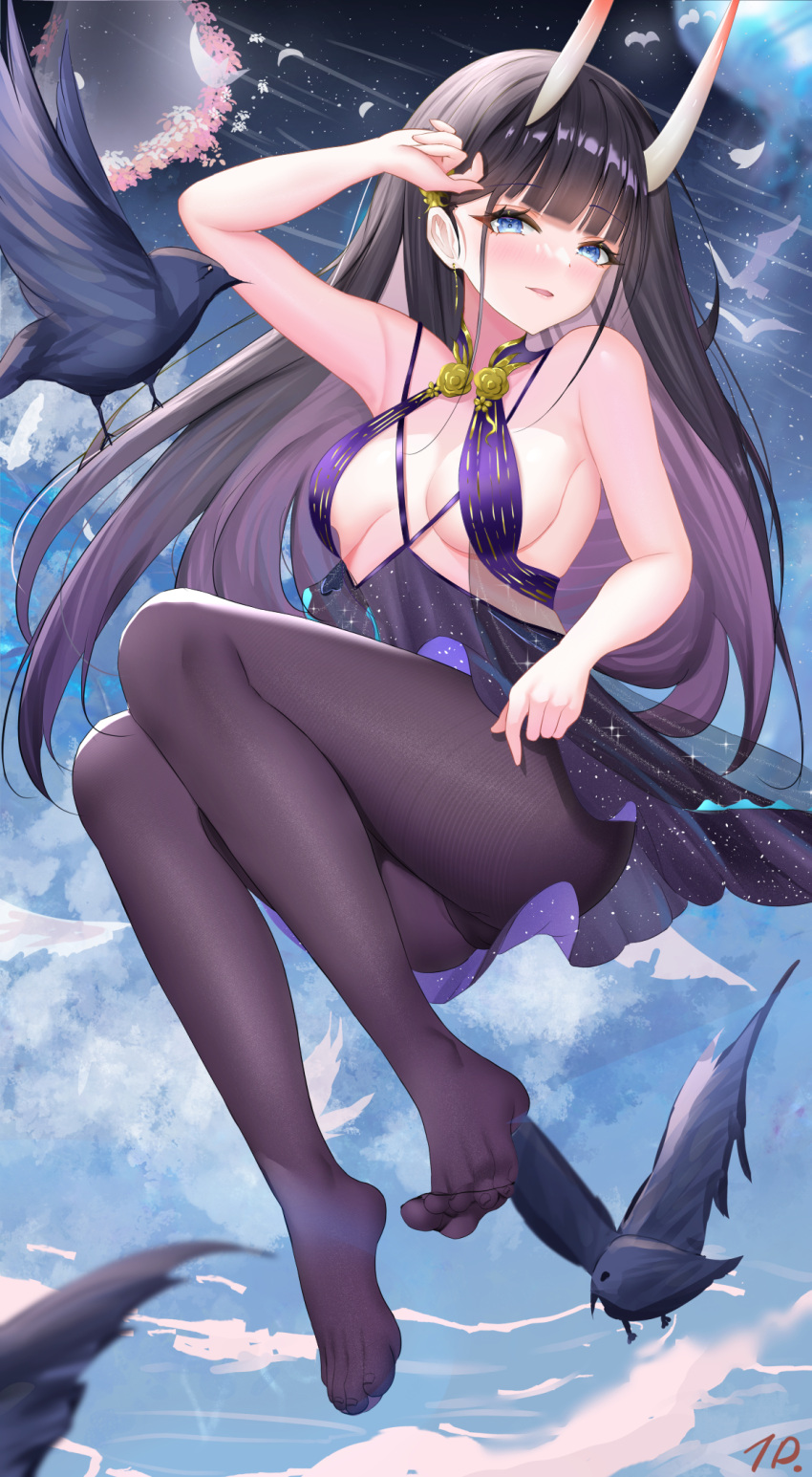 1girl arm_up ass azur_lane bare_arms bare_shoulders bird black_hair black_pantyhose blue_eyes blunt_bangs breasts dress earrings feet floating full_body highres horns jewelry legs long_hair looking_at_viewer medium_breasts nanoda002_(saber427) night night_sky no_shoes noshiro_(azur_lane) pantyhose parted_lips purple_dress purple_hair sideboob signature sky solo thighband_pantyhose thighs toes