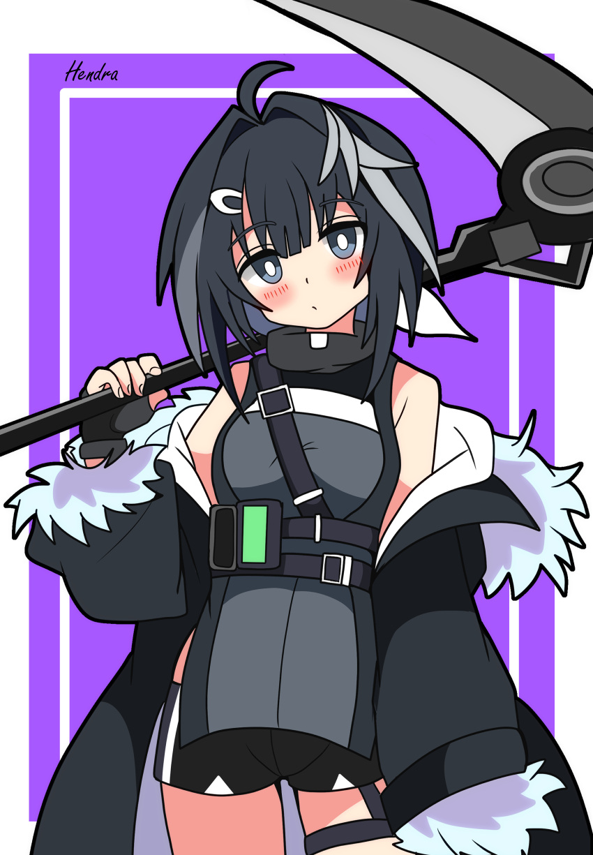 1girl absurdres ahoge arknights arm_at_side black_eyes black_gloves black_hair black_jacket black_shirt black_shorts blush border bow bow_hairband breasts closed_mouth collared_shirt dot_nose fingerless_gloves fur-trimmed_jacket fur_trim gloves hair_between_eyes hair_intakes hair_ornament hairband hairclip head_tilt hendra highres holding holding_scythe inset_border jacket la_pluma_(arknights) long_sleeves medium_breasts medium_hair off_shoulder outside_border over_shoulder purple_background scythe shirt shorts sidelocks signature simple_background sleeveless sleeveless_shirt solo weapon weapon_over_shoulder white_border white_bow