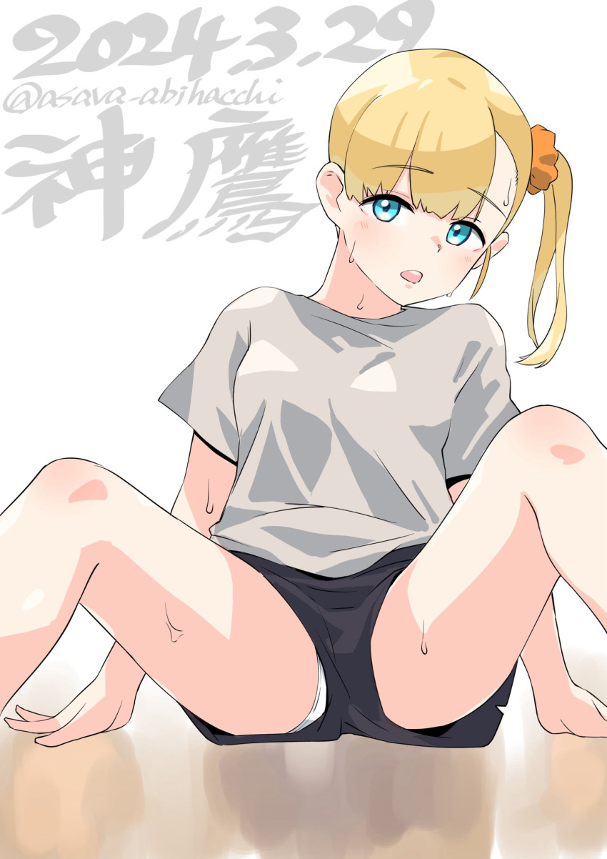 1girl alternate_costume artist_name asava_(hutaitenn) black_shorts blonde_hair blue_eyes character_name dated feet_out_of_frame hair_ornament hair_scrunchie highres kantai_collection long_hair orange_scrunchie panties panties_under_shorts scrunchie shin'you_(kancolle) shirt shorts simple_background solo t-shirt underwear white_background white_panties white_shirt