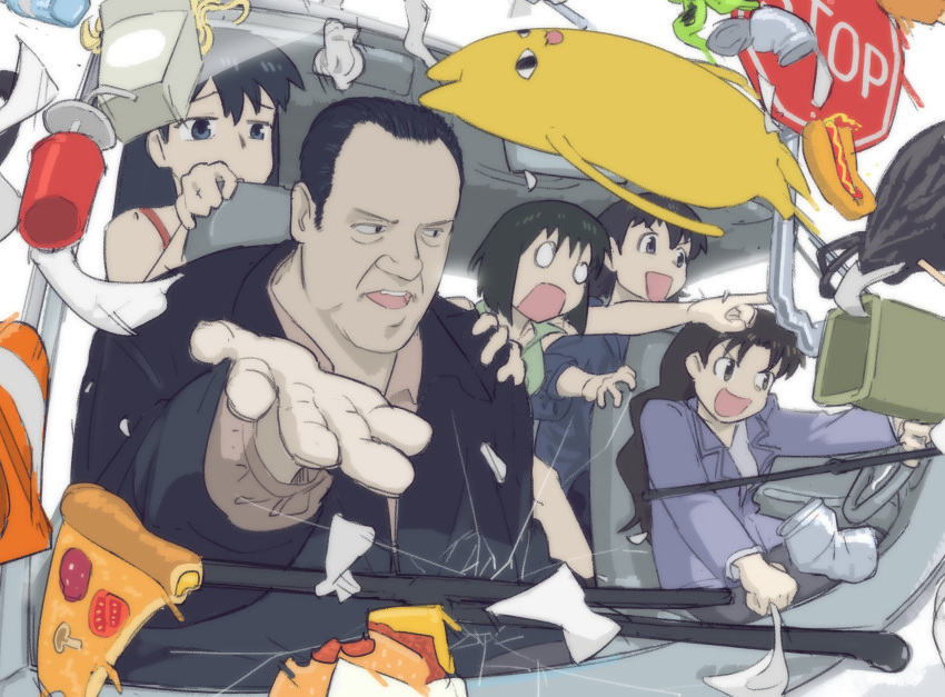 1boy 4girls azumanga_daioh can car crack cracked_glass cup driving food fubarmoe hand_on_another's_shoulder highres hot_dog kaori_(azumanga_daioh) long-haired_girl_(motto_notto) mihama_chiyo's_father motor_vehicle multiple_girls o_o pizza pizza_slice pointing road_sign sakaki_(azumanga_daioh) short_hair sign silvio_dante stop_sign takino_tomo tanizaki_yukari the_sopranos widow's_peak windshield