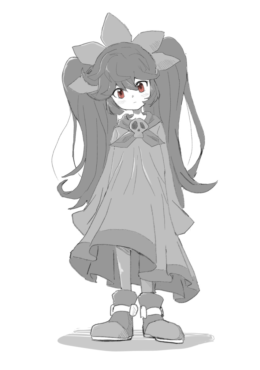 1girl absurdres ashley_(warioware) black_hair detesu dress flat_chest greyscale hair_between_eyes highres long_hair looking_at_viewer monochrome red_eyes simple_background skull skull_brooch skull_ornament solo warioware warioware:_move_it! white_background