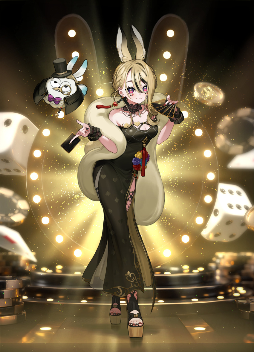 1girl absurdres animal_ears anon_non bare_shoulders black_hair blonde_hair bow bowtie braid breasts card casino dice earrings hat highres jewelry mascot monocle multicolored_hair multicolored_nails official_alternate_costume official_alternate_hairstyle papi_(anon_non) platform_footwear playing_card playing_card_theme poker_chip prism_project purple_eyes rabbit_ears rabbit_girl second-party_source side_slit streaked_hair top_hat yuu_(higashi_no_penguin)