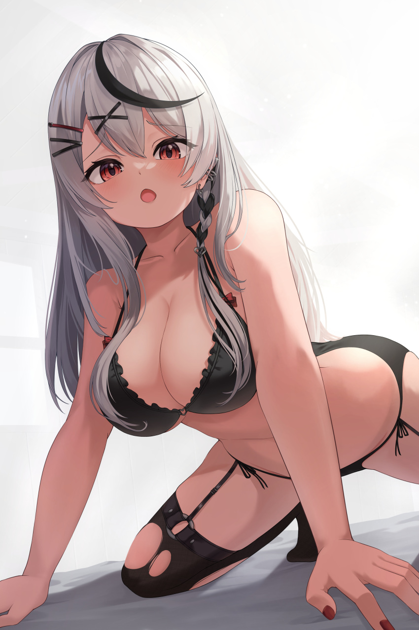 1girl absurdres all_fours black_bra black_hair black_panties black_thighhighs blush bra braid breasts earrings frilled_bra frills garter_straps grey_hair hair_ornament heart_o-ring highres hololive jewelry large_breasts long_hair looking_at_viewer multicolored_hair o-ring o-ring_bra o-ring_legwear open_mouth panties red_eyes sakamata_chloe side-tie_panties solo streaked_hair thighhighs torn_clothes torn_thighhighs underwear underwear_only virtual_youtuber x_hair_ornament yoppy_paint