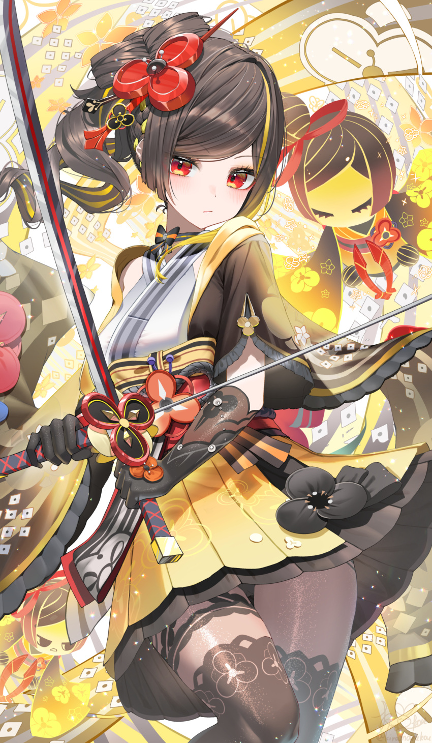 1girl absurdres asymmetrical_sidelocks black_gloves black_hair black_pantyhose blonde_hair breasts chiori_(genshin_impact) closed_mouth dress drill_hair drill_ponytail genshin_impact gloves hair_ornament highres holding holding_sword holding_weapon japanese_clothes kimono kiramarukou looking_at_viewer medium_breasts multicolored_hair pantyhose red_eyes short_sleeves side_ponytail solo streaked_hair sword two-tone_hair weapon yellow_dress