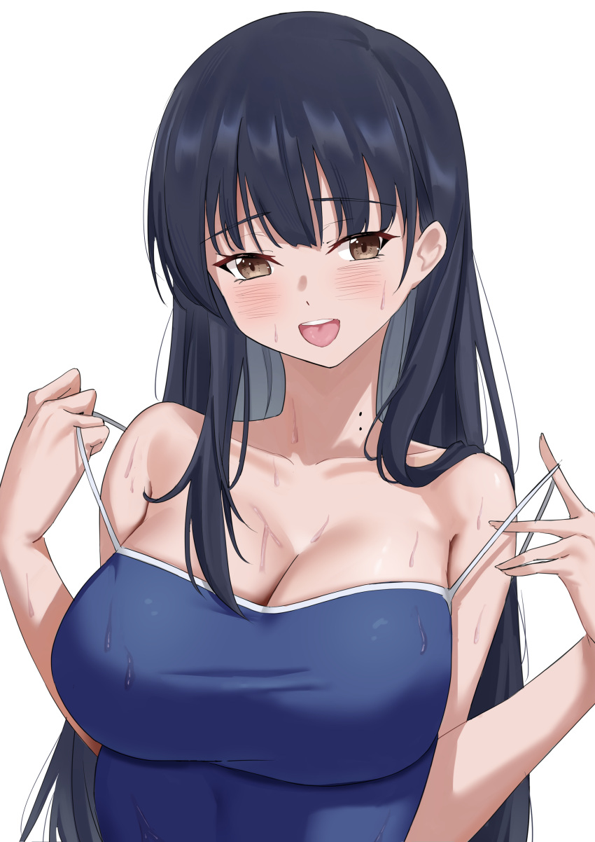 1girl absurdres blue_hair blue_one-piece_swimsuit blush boku_no_kokoro_no_yabai_yatsu breasts brown_eyes cleavage clothes_pull collarbone competition_school_swimsuit dark_blue_hair highres large_breasts long_hair looking_at_viewer mole mole_on_neck multiple_moles one-piece_swimsuit one-piece_swimsuit_pull open_mouth pulled_by_self school_swimsuit simple_background solo swimsuit upper_body wet white_background whitek yamada_anna