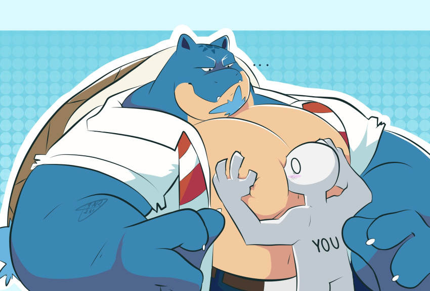 2024 ambiguous_gender anon anthro anthrofied belly big_arms big_pecs black_inner_ear blastoise blue_background blue_ears blue_face blue_facial_hair blue_fingers blue_hands blue_neck blush bowsarthekoopa brown_shell claws clothed clothing countershade_face countershade_torso countershading digital_drawing_(artwork) digital_media_(artwork) dotted_background duo ellipsis facial_hair fan_character fangs generation_1_pokemon head_in_pecs hi_res humanoid_hands male male/ambiguous mouthless multicolored_necktie necktie nintendo noseless open_clothing open_shirt open_topwear pattern_background pec_grab pecs pokemon pokemon_(species) pokemorph professor_b.lastoise red_necktie scalie sharp_teeth shell shirt signature simple_background snaggle_teeth snaggle_tooth tan_belly tan_chest tan_face teeth topwear two_tone_face two_tone_necktie untied_necktie white_back white_body white_claws white_face white_fingers white_hands white_legs white_neck white_necktie