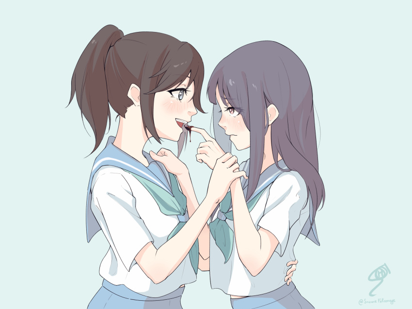 2girls black_hair blue_sailor_collar blue_skirt brown_eyes brown_hair chocolate_on_hand commentary dripping eye_contact food_on_hand green_neckerchief grey_eyes hand_on_another's_shoulder hand_on_another's_waist hand_on_another's_wrist hibike!_euphonium highres kasaki_nozomi kitauji_high_school_uniform liz_to_aoi_tori long_hair looking_at_another multiple_girls neckerchief open_mouth ponytail sailor_collar school_uniform serafuku shirt skirt smile snow_hawkeye upper_body white_shirt yoroizuka_mizore yuri