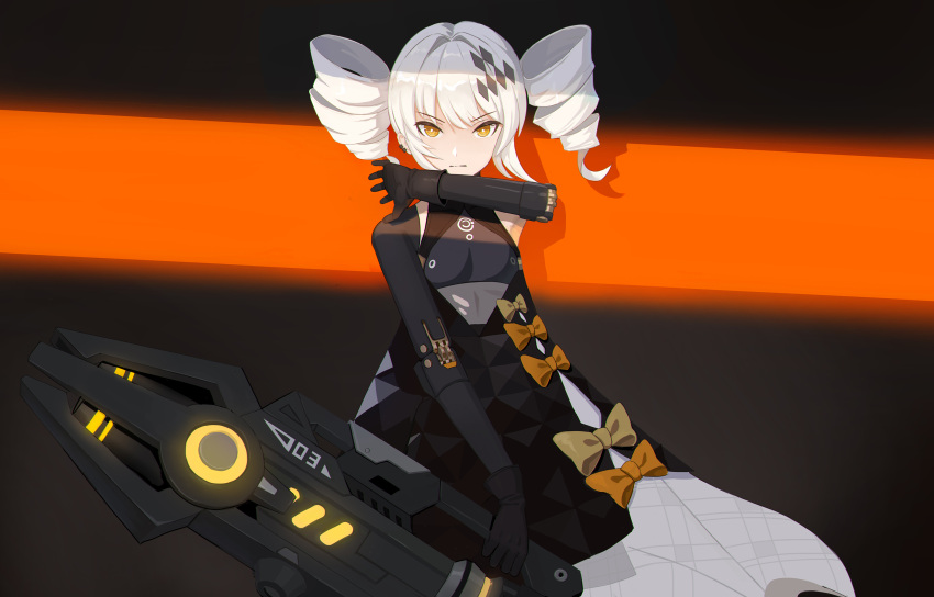 1girl black_dress dress dress_ribbon drill_hair grey_hair hair_intakes hair_ornament highres holding_cannon huge_weapon joints karenina:_ember_(punishing:_gray_raven) karenina_(punishing:_gray_raven) layered_dress looking_at_viewer mechanical_arms orange_eyes orange_ribbon punishing:_gray_raven ribbon robot_joints sidelocks solo twin_drills wang_xiao_jun weapon white_dress white_hair