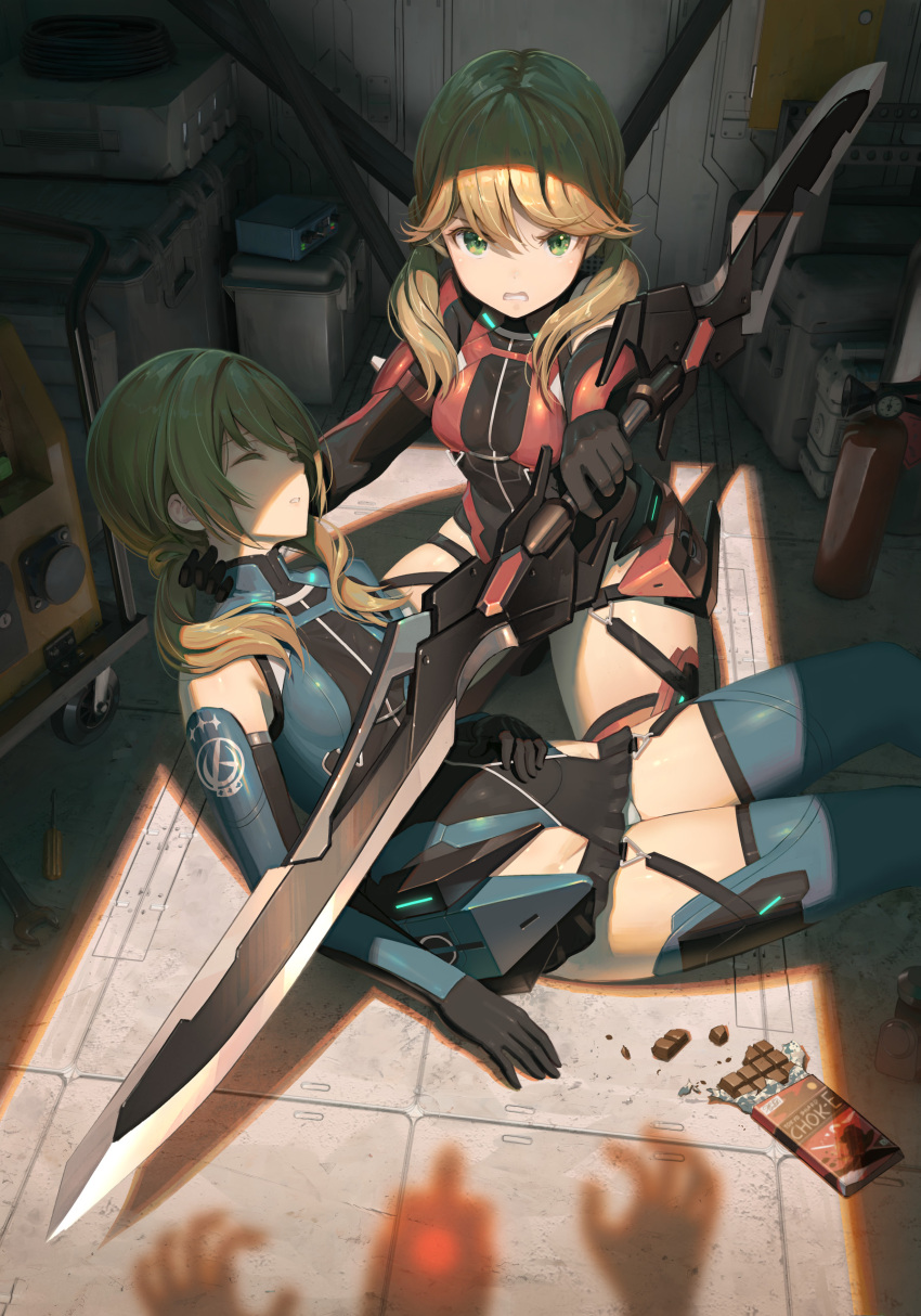 2girls absurdres alice_gear_aegis black_gloves brown_hair clenched_teeth commentary_request gloves green_eyes hair_between_eyes highres holding holding_sword holding_weapon kneeling kotomura_akane kotomura_amane leotard long_hair looking_at_viewer low_twintails multiple_girls pinakes shadow sword teeth thighhighs twintails weapon