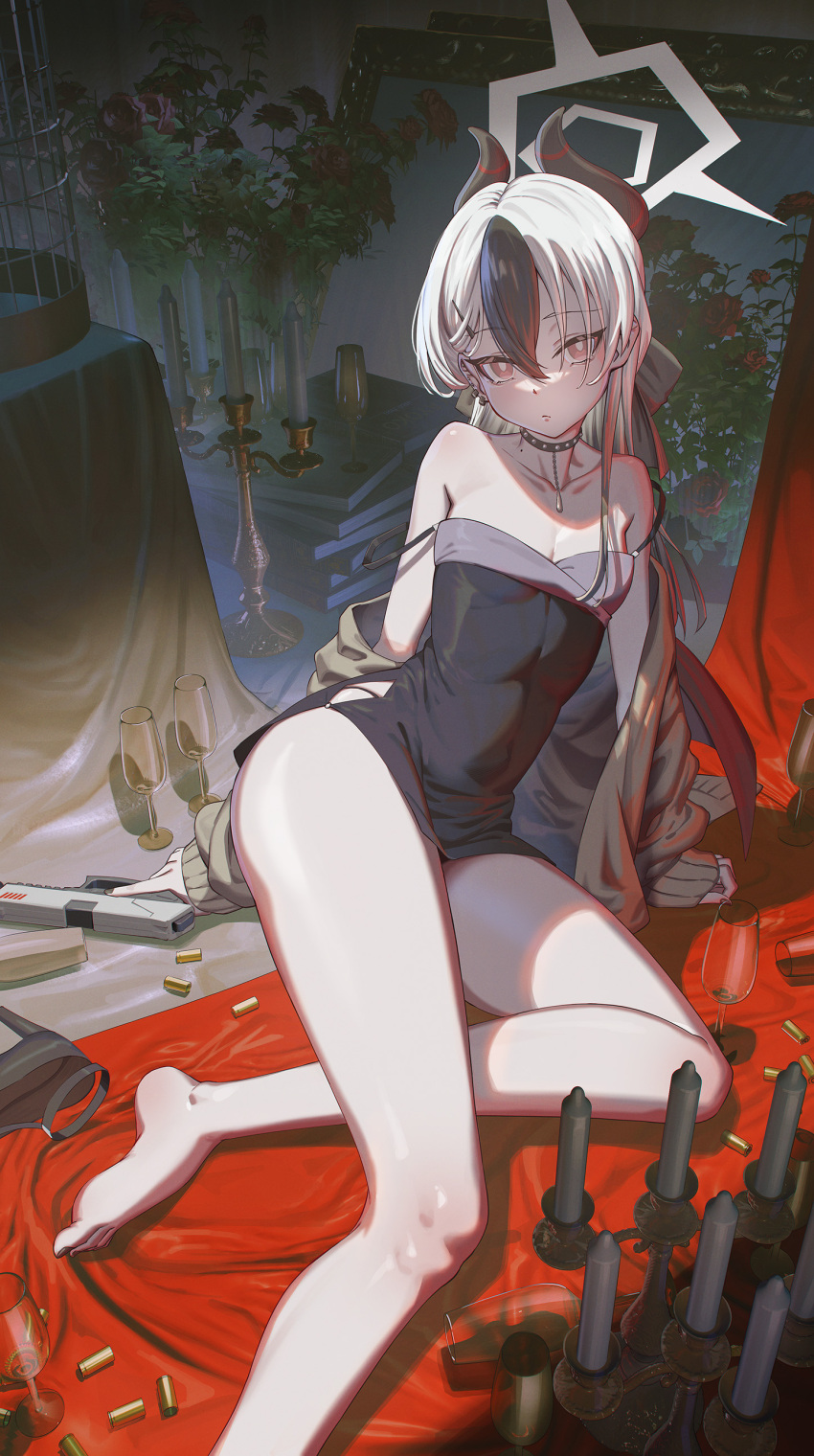 1girl absurdres bare_legs barefoot black_choker black_dress black_hair black_horns blue_archive blush breasts candle choker cleavage closed_mouth collarbone cup demon_horns dress drinking_glass ear_piercing earrings feet foot_out_of_frame grey_hair grey_halo grey_jacket gun hair_between_eyes halo highres hironii_(hirofactory) horns jacket jewelry kayoko_(blue_archive) kayoko_(dress)_(blue_archive) legs long_hair long_sleeves looking_at_viewer multicolored_hair official_alternate_costume open_clothes open_jacket piercing red_eyes small_breasts solo toes weapon wine_glass