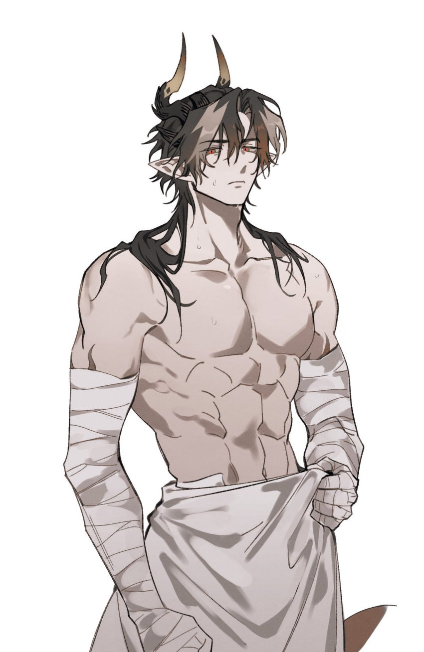 1boy abs arknights bandaged_arm bandages black_hair chong_yue_(arknights) commentary_request dragon_boy dragon_horns highres horns long_hair looking_at_viewer male_focus multicolored_hair muscular muscular_male nills pointy_ears red_eyes solo streaked_hair sweat topless towel white_background