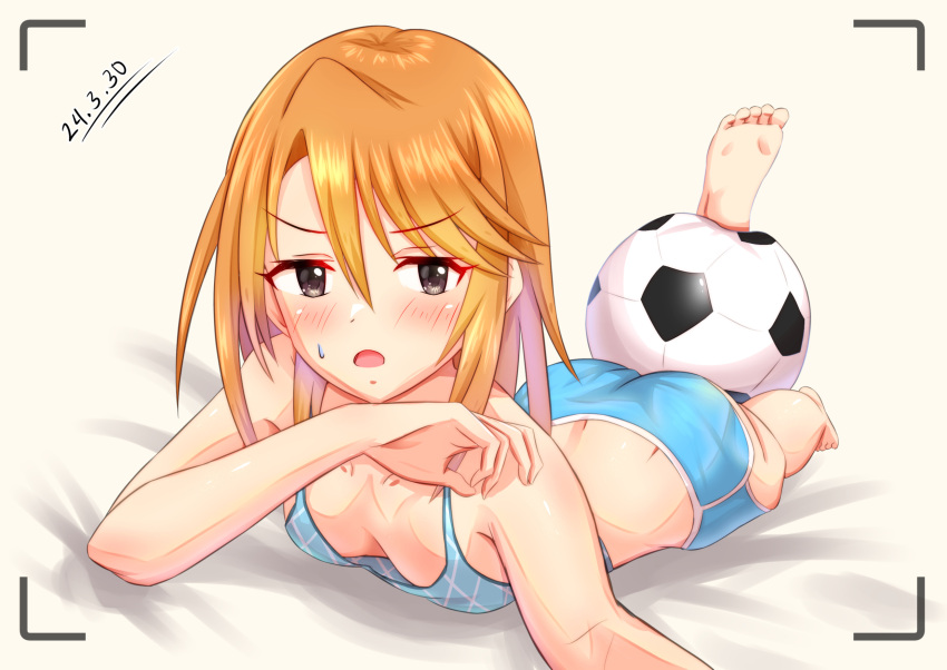 1girl ass ball barefoot black_eyes blonde_hair blue_shorts blue_sports_bra blush breasts cobbedcorn dated downblouse feet feet_up highres idolmaster idolmaster_cinderella_girls looking_at_viewer lying medium_hair on_stomach open_mouth reaching reaching_towards_viewer selfie short_hair shorts small_breasts soccer_ball soles solo sports_bra the_pose viewfinder yuuki_haru