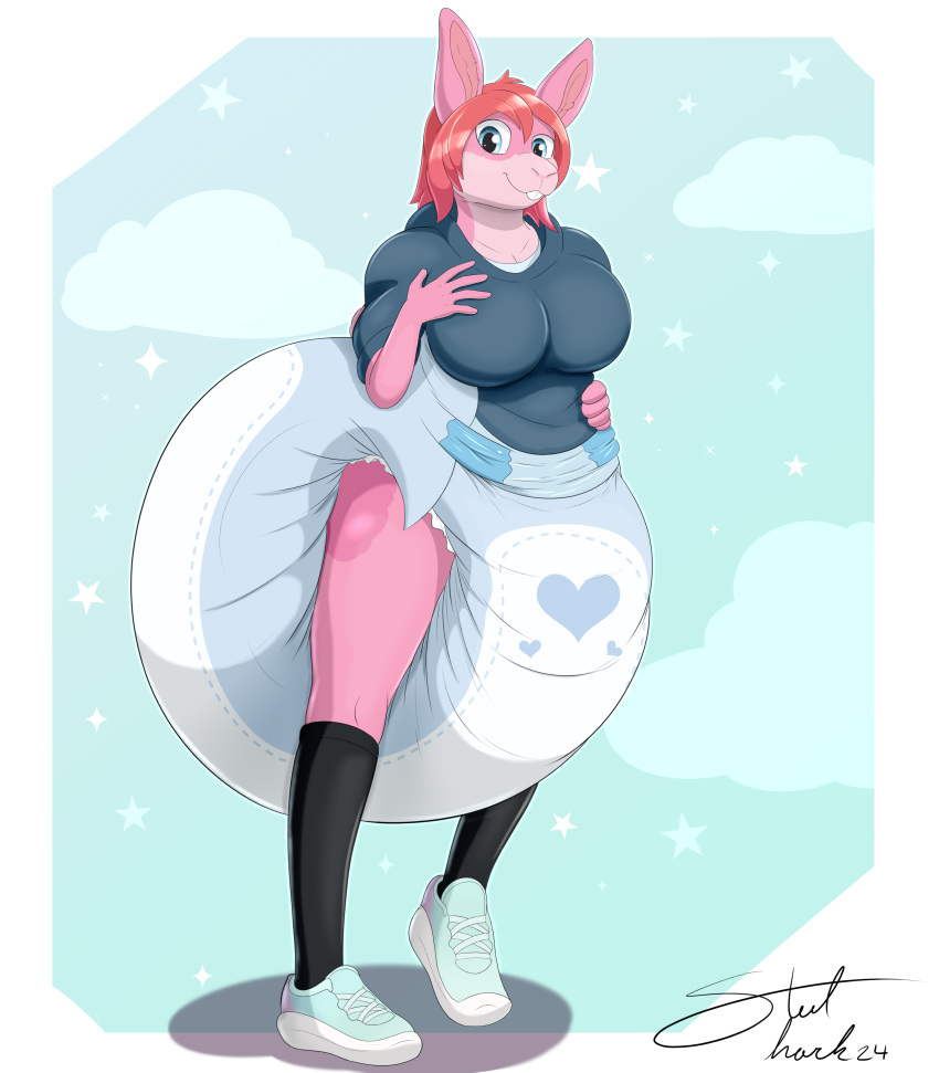 absurd_res anthro big_diaper clean_diaper clothed clothing diaper extremius_amphibious female footwear front_view fur hair hi_res hoodie lagomorph legwear leporid lily_(bunnykisses) looking_at_viewer mammal pantsless pink_body pink_fur print_diaper rabbit red_hair shoes sneakers solo standing thigh_highs topwear