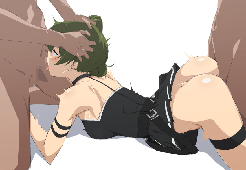 1girl arm_strap ass bare_shoulders black_dress breasts censored choker doggystyle double_penetration dress fellatio green_hair group_sex hetero highres long_hair medium_breasts mmf_threesome multiple_boys oral penis purple_eyes sex sex_from_behind shiny_skin shou937 side_ponytail simple_background solo_focus sousou_no_frieren spitroast threesome ubel_(sousou_no_frieren) white_background