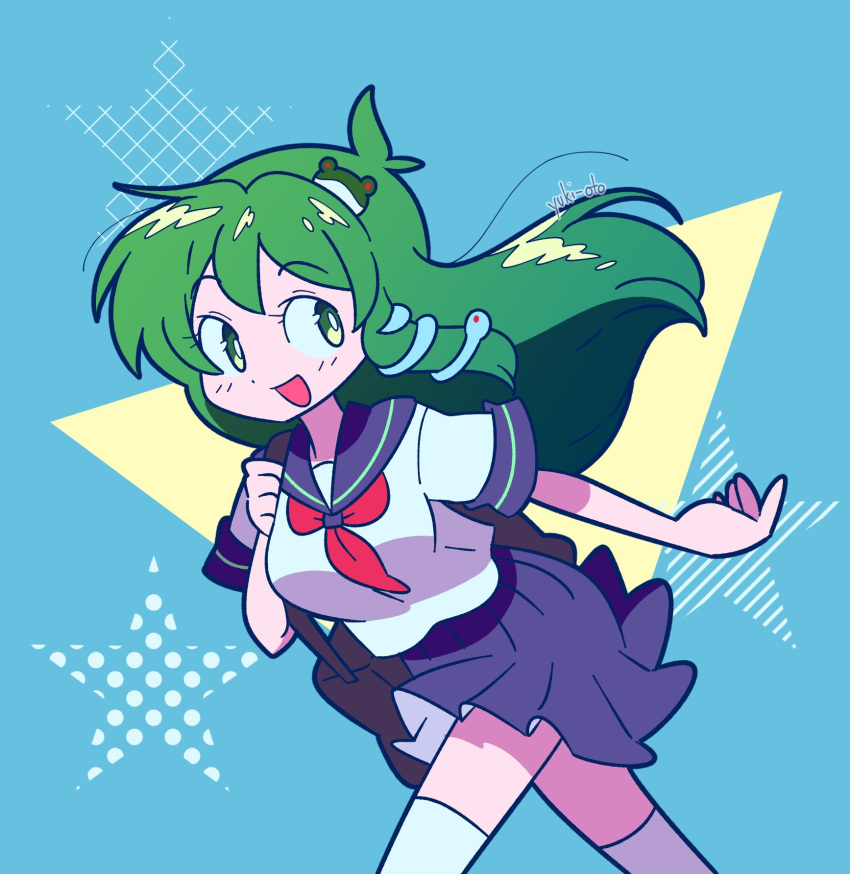 1girl ahoge ascot bag blue_background blue_skirt frog_hair_ornament green_eyes green_hair hair_ornament highres kochiya_sanae long_hair open_mouth puffy_short_sleeves puffy_sleeves red_ascot school_uniform shirt short_sleeves shoulder_bag skirt smile snake_hair_ornament solo star_(symbol) star_print thighhighs touhou white_shirt white_thighhighs yuki_oto