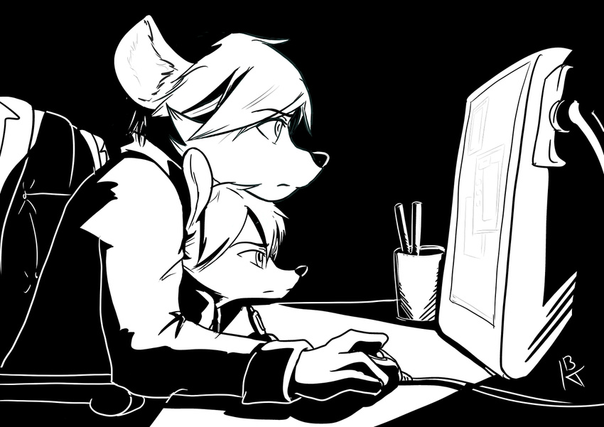 2017 anthro black_and_white chair clothed clothing computer computer_mouse disney duo fan_character fanfic_art floyd_colby ittybittykittytittys male mammal milo_pitman monitor monochrome mouse office_chair pen rat rodent side_view signature sitting zootopia