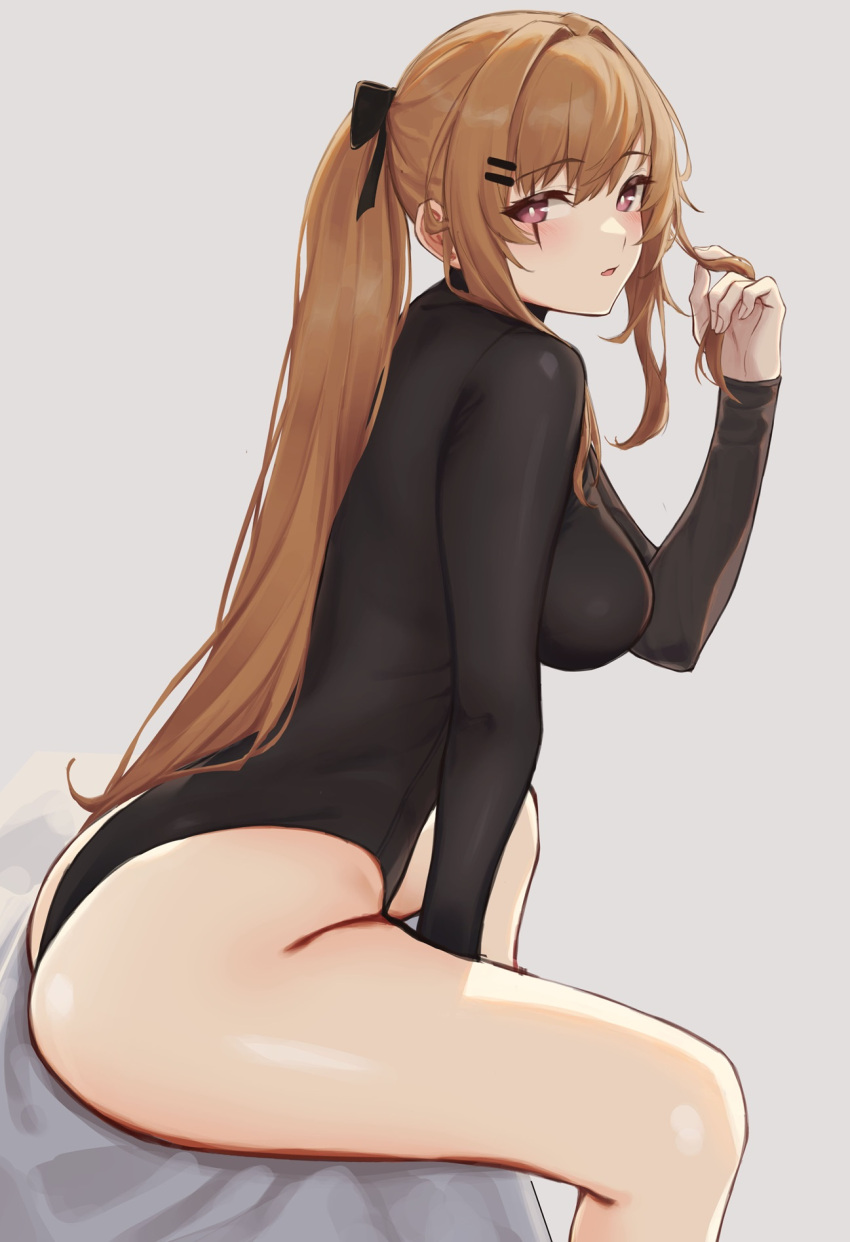 1girl 3_small_spiders arm_between_legs ass black_leotard breasts brown_hair from_side girls'_frontline hair_ornament hair_ribbon hairclip highleg highleg_leotard highres large_breasts leotard long_hair looking_at_viewer open_mouth ribbon scar scar_across_eye scar_on_face sitting twintails twirling_hair ump9_(girls'_frontline)