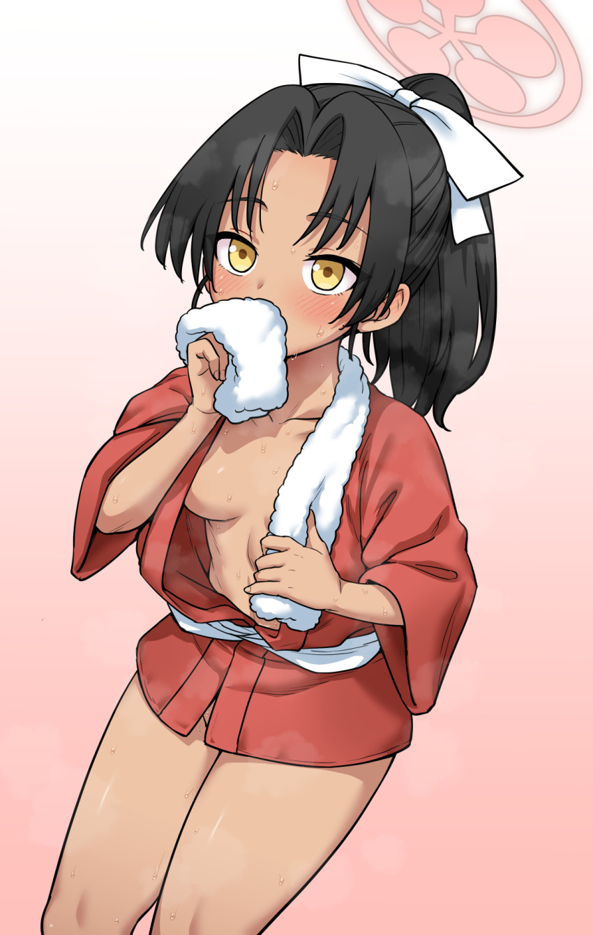 1girl black_hair blue_archive blush breasts covered_mouth cowboy_shot halo highres itou_yuuji looking_ahead medium_breasts medium_hair no_bra no_panties ponytail rickshaw_student_(blue_archive) solo sweat towel towel_around_neck very_sweaty wiping_sweat yellow_eyes