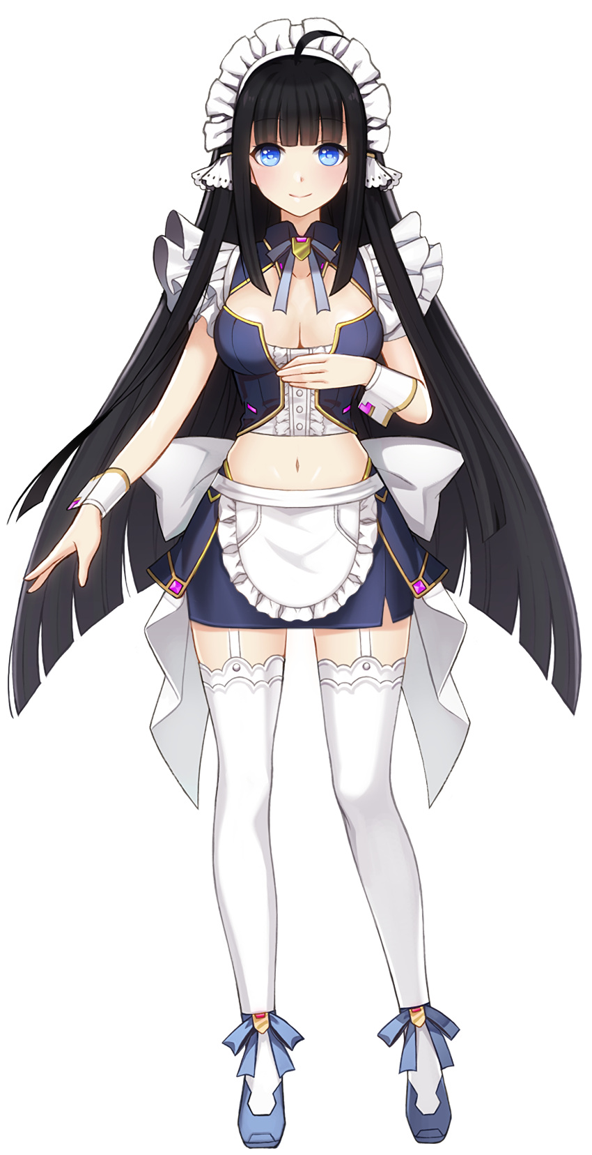 1girl absurdres ahoge apron black_hair black_skirt blue_eyes blue_footwear blue_ribbon breasts cleavage cleavage_cutout closed_mouth clothing_cutout frilled_apron frills full_body garter_straps hand_on_own_chest highres large_breasts long_hair looking_at_viewer madi_(master_of_eternity) maid maid_apron maid_headdress master_of_eternity midriff navel official_art ribbon side_slit skirt smile solo straight-on straight_hair tachi-e thighhighs third-party_source transparent_background very_long_hair waist_apron white_garter_straps white_thighhighs white_wrist_cuffs wrist_cuffs