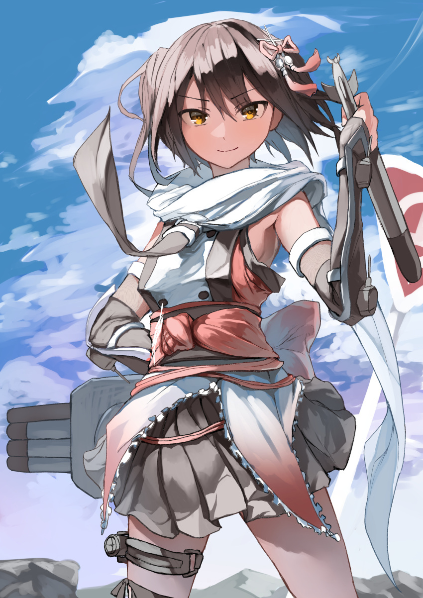 1girl absurdres asymmetrical_legwear black_hair black_neckerchief blue_sky brown_eyes buttons cloud cowboy_shot day double-breasted elbow_gloves fingerless_gloves gloves hair_ornament highres holding holding_torpedo kantai_collection looking_at_viewer neckerchief outdoors sannsogyoraikai scarf sendai_(kancolle) sendai_kai_ni_(kancolle) short_hair sign single_thighhigh sky smile solo thighhighs torpedo torpedo_launcher two_side_up uneven_legwear white_scarf