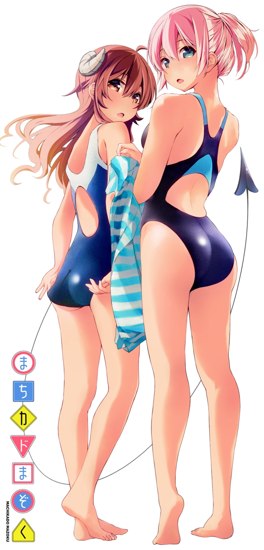 2girls adjusting_clothes adjusting_swimsuit ahoge barefoot black_one-piece_swimsuit blue_eyes blue_one-piece_swimsuit brown_eyes chiyoda_momo chuutaro_metal competition_swimsuit curled_horns demon_girl demon_horns demon_tail from_behind highres horns logo long_hair machikado_mazoku multiple_girls one-piece_swimsuit open_mouth pink_hair short_hair simple_background standing swimsuit tail white_background yoshida_yuuko_(machikado_mazoku)