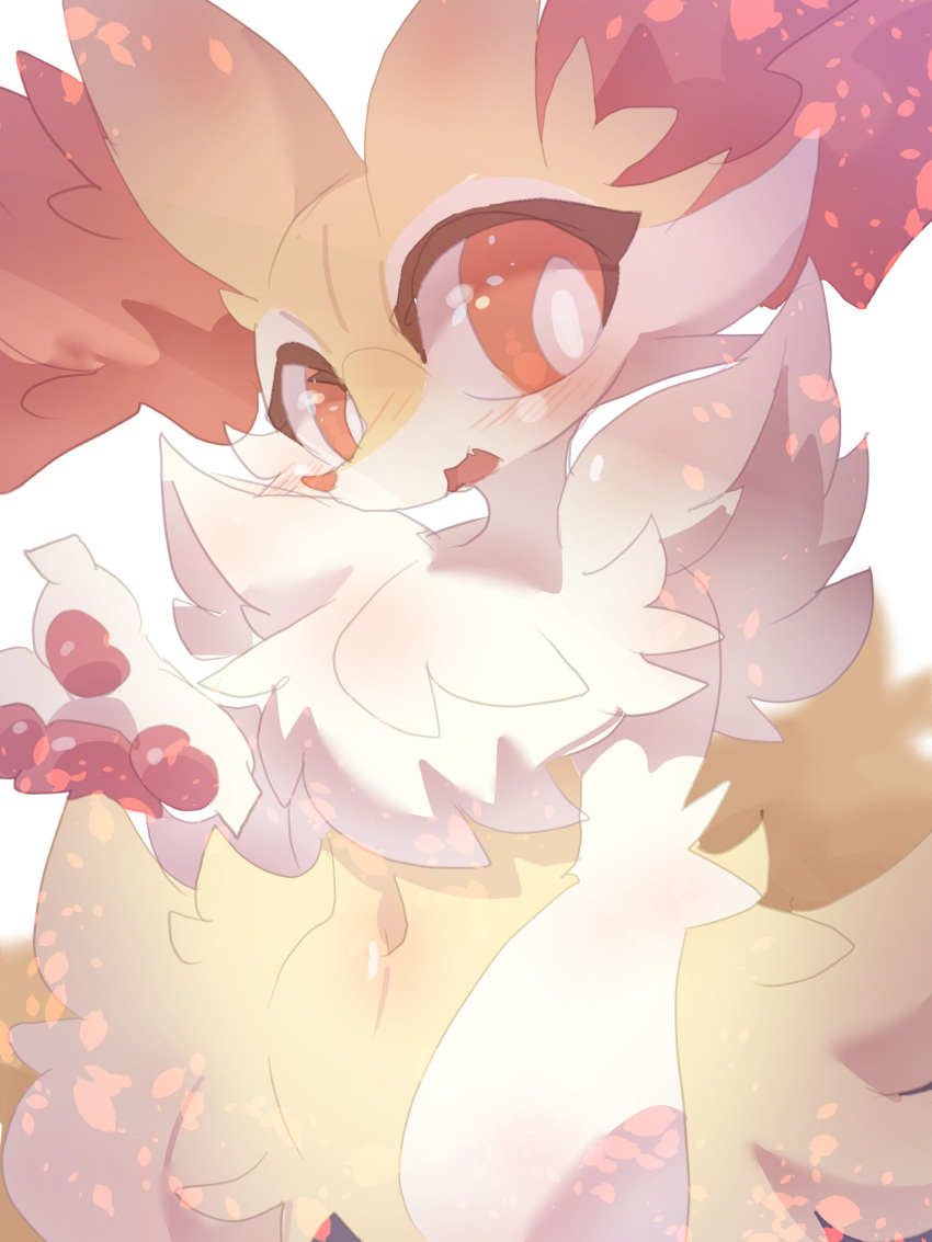 2024 3_fingers absurd_res ambiguous_gender anthro big_ears blush blush_lines braixen claws eyelashes fingers fur generation_6_pokemon hi_res inner_ear_fluff nintendo nyaswitchnya open_mouth pokemon pokemon_(species) red_eyes red_nose simple_background solo tuft white_body white_fur yellow_body yellow_fur