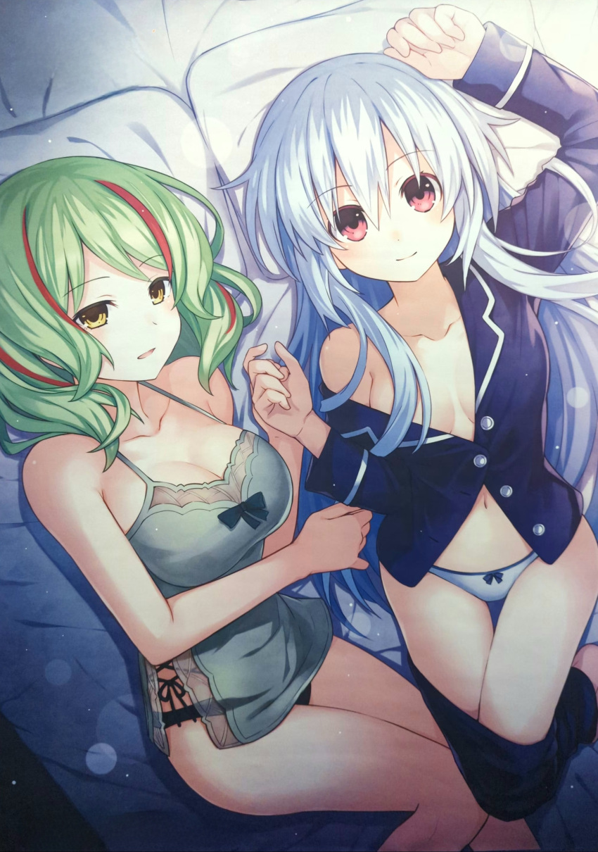 2girls absurdres bed black_panties breasts cleavage fairy_fencer_f fleur_(fairy_fencer_f) green_hair highres large_breasts long_hair medium_breasts multiple_girls non-web_source official_art on_bed pajamas panties pillow pink_eyes short_hair smile thighs tiara_(fairy_fencer_f) tsunako underwear white_hair white_panties yellow_eyes