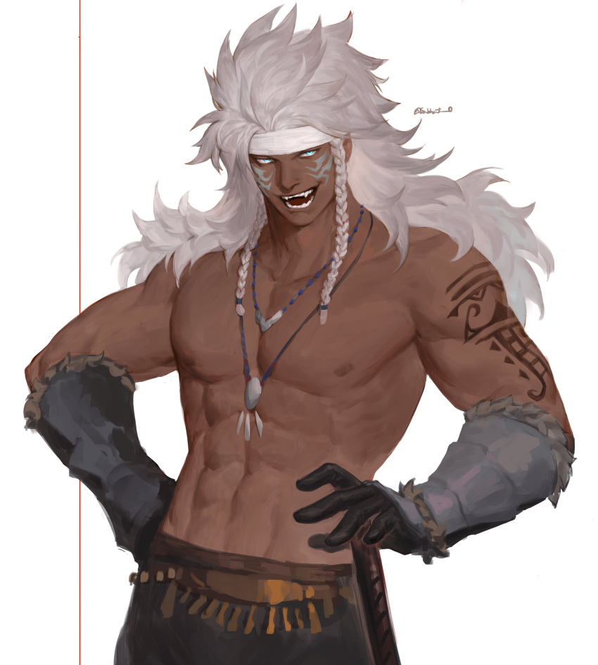 1boy :d absurdres bara braid cowboy_shot dark-skinned_male dark_skin facial_mark final_fantasy final_fantasy_xiv gloves headband highres hyur jewelry long_hair looking_at_viewer lyon_rem_helsos male_focus mature_male muscular muscular_male necklace old old_man sabbat_0 scar scar_on_face scar_on_nose side_braid smile tooth_necklace tribal white_background white_hair white_headband