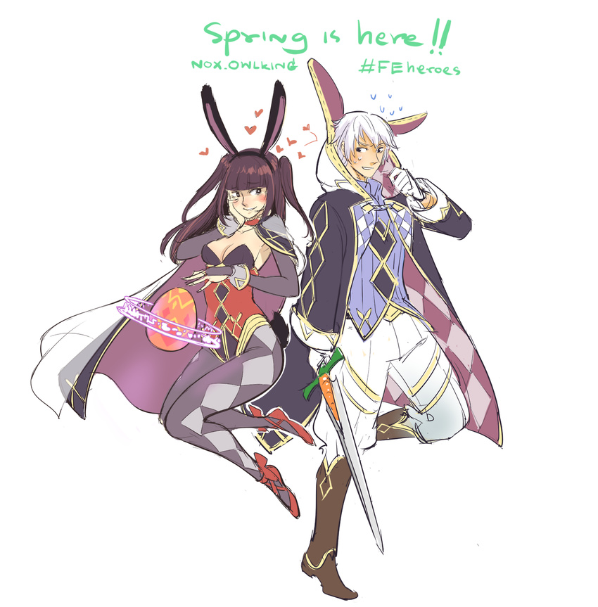 1boy 1girl alternate_costume animal_ears boots breasts bunny_ears cape cleavage easter_egg egg fire_emblem fire_emblem:_kakusei fire_emblem_heroes highres hood magic_circle male_my_unit_(fire_emblem:_kakusei) my_unit_(fire_emblem:_kakusei) owlking pantyhose silver_hair smile sword tharja weapon