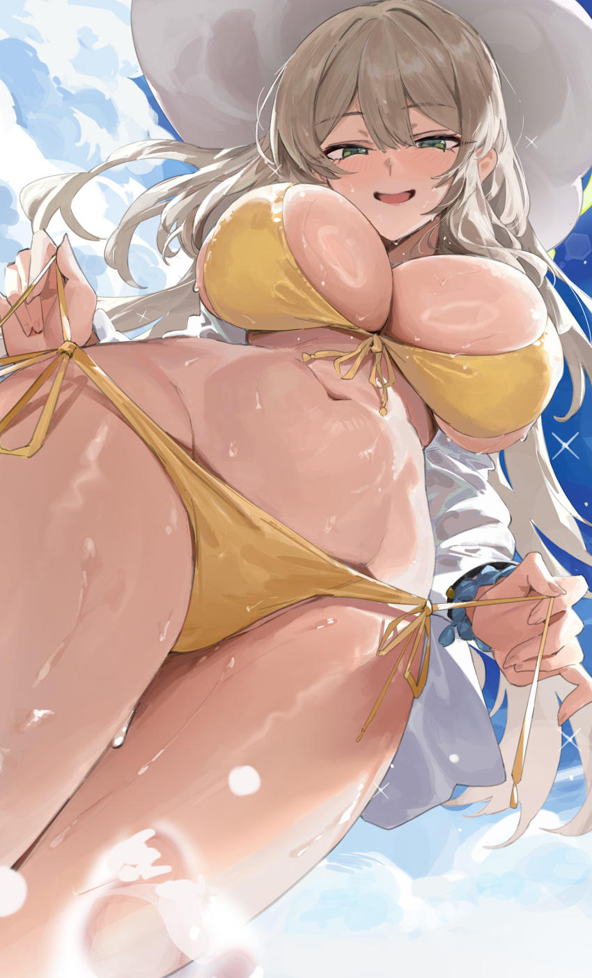 1girl absurdres bare_legs bikini blue_archive blush breasts cowboy_shot day front-tie_bikini_top front-tie_top green_eyes groin hat highres jacket large_breasts lemoneko light_brown_hair long_hair long_sleeves looking_at_viewer navel nonomi_(blue_archive) nonomi_(swimsuit)_(blue_archive) official_alternate_costume open_clothes open_jacket open_mouth outdoors side-tie_bikini_bottom smile solo swimsuit water white_hat white_jacket yellow_bikini