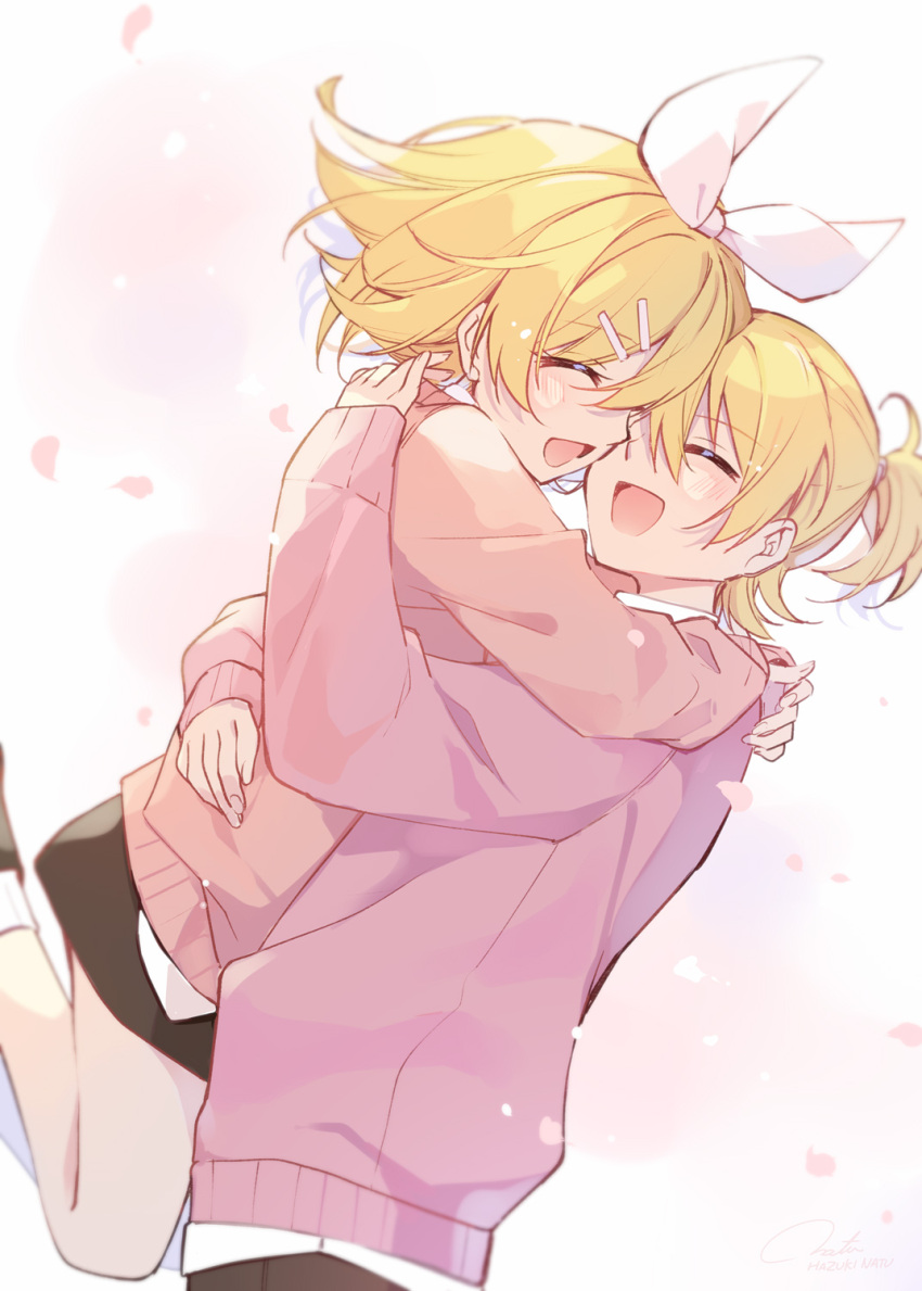 1boy 1girl arms_around_neck black_footwear black_pants black_skirt blonde_hair bow brother_and_sister cherry_blossoms closed_eyes commentary_request falling_petals flipped_hair hair_bow hazuki_natsu highres jumping kagamine_len kagamine_rin lifting_person open_mouth pants petals pink_sweater shirt short_hair short_ponytail siblings simple_background skirt smile socks sweater vocaloid white_background white_footwear white_shirt white_socks