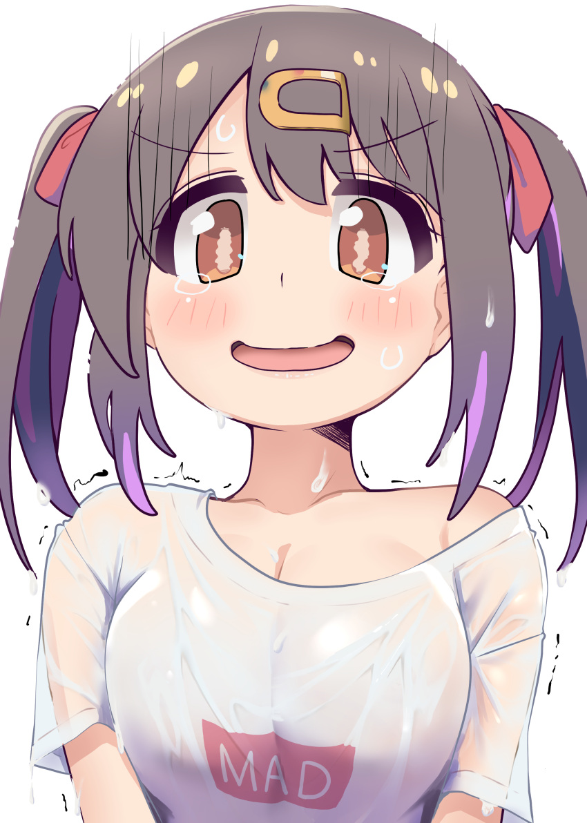 1girl absurdres blush breasts brown_eyes brown_hair cleavage collarbone hair_ornament hairclip highres large_breasts looking_at_viewer multicolored_hair onii-chan_wa_oshimai! open_mouth oyama_mihari purple_hair see-through see-through_shirt shiina_excel shirt short_hair short_twintails simple_background solo streaked_hair sweat twintails upper_body wet wet_clothes wet_shirt white_background white_shirt