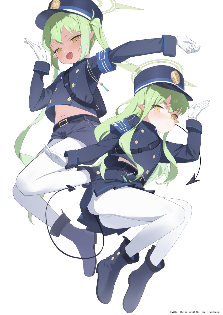 2girls absurdres armband bei_liou black_shorts black_skirt blue_archive blue_armband boots buttons commentary demon_tail double-breasted full_body gloves green_hair green_halo halo hat highlander_sidelocks_conductor_(blue_archive) highlander_twintails_conductor_(blue_archive) highres long_hair long_sleeves midriff_peek multiple_girls navel outstretched_arm pantyhose pleated_skirt pointy_ears psd_available shako_cap short_shorts shorts simple_background skirt tail twintails variant_set white_background white_gloves white_pantyhose