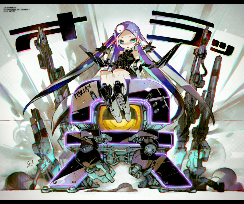 :&lt; absurdres aqua_eyes arm_cannon arm_support artist_name bangs bare_legs bare_shoulders black_bow black_dress black_footwear black_neckwear boots border bow bowtie chromatic_aberration cross-laced_footwear crystal_earrings detached_sleeves dress dust_cloud ear_piercing earrings facial_mark forehead frilled_dress frills gothic_lolita gun hair_ornament hair_tubes hairclip headlight highres jewelry jnt landing lolita_fashion long_hair looking_at_viewer low_wings mecha mechanical_wings mixed_media multicolored_hair open_mouth original parted_bangs piercing pointy_ears purple_hair rifle screentones shirt shoe_bow shoes short_dress short_eyebrows signature sitting sleeveless sleeveless_shirt solo title tsurime two-tone_hair very_long_hair weapon white_hair wings