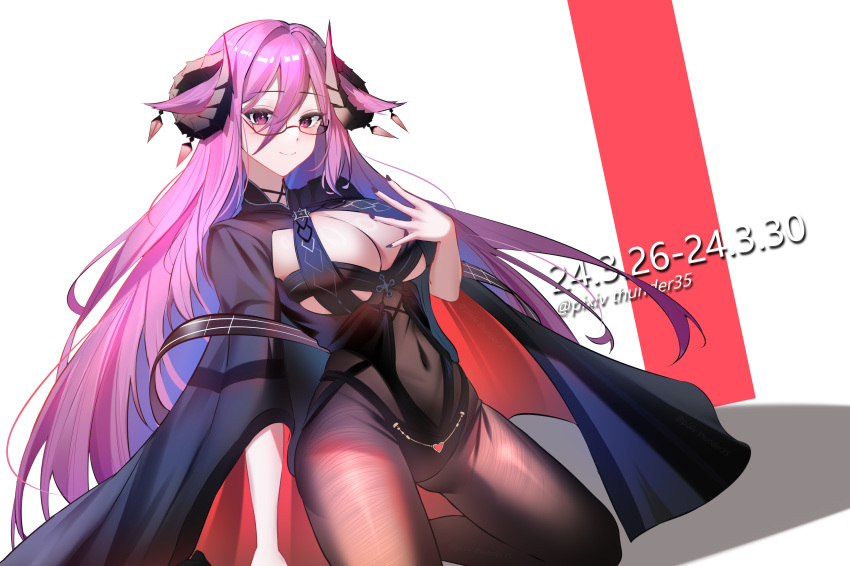 1girl absurdres azur_lane black_horns bodystocking breast_cutout breasts cleavage commentary_request covered_navel curled_horns dated demon_horns dutch_angle framed_breasts friedrich_carl_(azur_lane) hair_between_eyes highres horn_ornament horns kneeling large_breasts long_hair long_sleeves looking_at_viewer nail_polish pink_eyes pink_hair purple_nails rectangular_eyewear semi-rimless_eyewear simple_background thunder-35 very_long_hair white_background