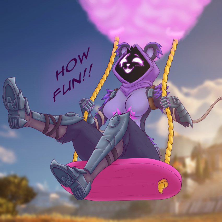 2024 absurd_res anthro bear big_breasts blurred_background blush boots breasts butt chair clothed clothing digital_media_(artwork) dmoon english_text epic_games eye_scar facial_scar female footwear fortnite fur furniture gloves hair handwear happy hi_res hood legwear looking_up mammal on_chair open_mouth purple_body purple_fur raven_team_leader scar shadow_face simple_background sitting sitting_on_chair smile solo text thick_thighs