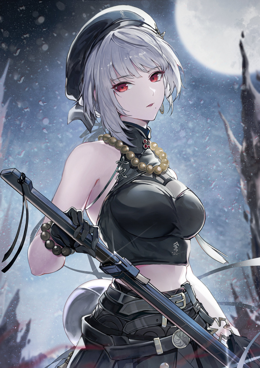 1girl absurdres bare_shoulders bead_bracelet bead_necklace beads belt beret black_shirt black_skirt blurry blurry_background bracelet breasts cleavage crop_top grey_hair hat high_collar highres holding holding_sword holding_weapon jewelry large_breasts looking_at_viewer marumoru mole mole_under_mouth moon necklace red_eyes sanhua_(wuthering_waves) shirt short_hair skirt sleeveless sleeveless_shirt solo sword weapon wuthering_waves