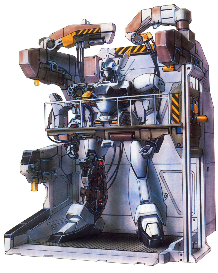 1980s_(style) 1boy alphonse_(av-98_ingram) av-98_ingram cable hangar highres itou_mamoru_(artist) kidou_keisatsu_patlabor light machinery mecha police police_uniform policeman radio_antenna ramp retro_artstyle robot scan science_fiction shinohara_asuma sign traditional_media uniform vest warning_sign