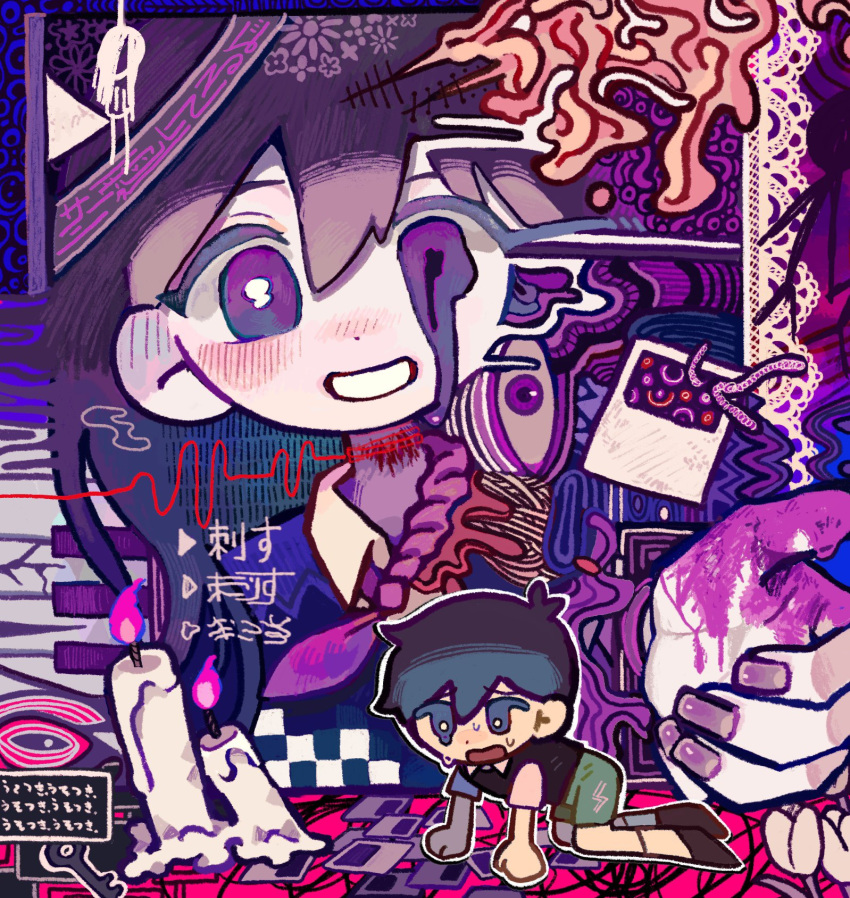 1boy 1girl black_eyes black_footwear black_hair candle chibi colored_skin grin highres long_hair mari_(headspace)_(omori) mari_(omori) omori parted_lips purple_eyes purple_hair short_hair smile socks sunny_(omori) teeth uminosoko44 white_skin white_socks