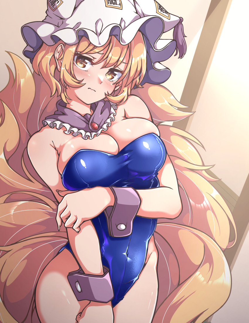 1girl absurdres blonde_hair blue_leotard blush breasts cleavage closed_mouth commentary covered_navel cowboy_shot detached_collar fox_tail gokuu_(acoloredpencil) hat highres large_breasts leotard looking_at_viewer mob_cap multiple_tails playboy_bunny short_hair solo tail touhou wrist_cuffs yakumo_ran yellow_eyes