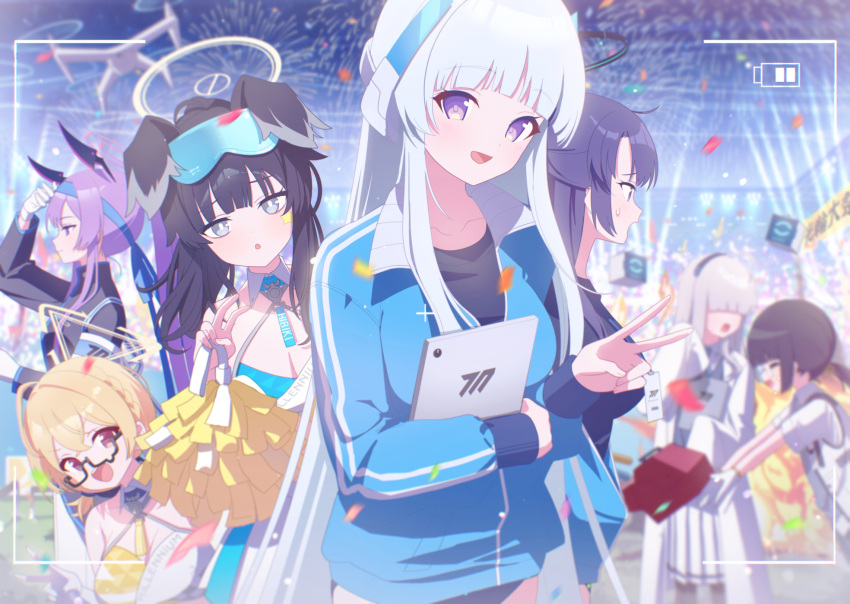 6+girls :d :o ^_^ battery_indicator bent_v black_hair blonde_hair blue_archive blue_headband breasts cheerleader cleavage closed_eyes confetti gakuran goggles goggles_on_head grey_hair hair_over_eyes halo headband hibiki_(blue_archive) hibiki_(cheer_squad)_(blue_archive) highres hugging_object jacket kaerunrun kotori_(blue_archive) kotori_(cheer_squad)_(blue_archive) lab_coat looking_at_another looking_at_viewer millennium_science_school_student_(blue_archive) millennium_science_school_student_a_(blue_archive) millennium_science_school_student_b_(blue_archive) multiple_girls noa_(blue_archive) official_alternate_costume ouendan pom_pom_(cheerleading) profile purple_hair revision school_uniform smile stadium tablet_pc track_jacket utaha_(blue_archive) utaha_(cheer_squad)_(blue_archive) v viewfinder yuuka_(blue_archive) yuuka_(track)_(blue_archive)