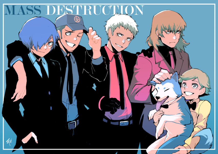 5boys adjusting_clothes adjusting_headwear amada_ken animal aragaki_shinjirou arm_around_shoulder baseball_cap belt belt_buckle black_bow black_bowtie black_gloves black_jacket black_necktie black_shirt blue_eyes blue_hair blue_shirt bow bowtie brown_hair buckle closed_mouth collared_shirt commentary cowboy_shot dog english_commentary facial_hair gloves greatdekutri grey_hair grin hair_over_one_eye hand_in_pocket hand_on_another's_shoulder hat headpat iori_junpei jacket koromaru_(persona) long_sleeves male_focus medium_hair multiple_boys necktie one_eye_closed open_clothes open_jacket parted_lips persona persona_3 persona_3_reload red_jacket red_necktie red_shirt sanada_akihiko shirt short_hair smile suit_jacket upper_body yellow_shirt yuuki_makoto_(persona_3)