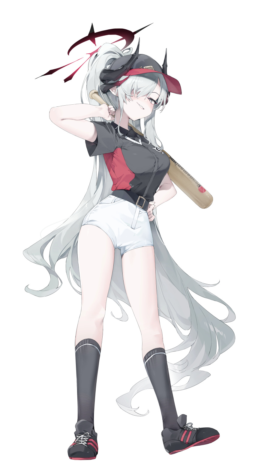 1girl absurdres alternate_costume baseball_bat belt black_belt black_footwear black_horns black_shirt black_socks blue_archive blush breasts collared_shirt demon_horns full_body grey_eyes grey_hair grin halo highres holding holding_baseball_bat horns large_breasts long_hair looking_at_viewer makoto_(blue_archive) meunhongcha multiple_horns red_halo shirt shoes short_sleeves shorts simple_background smile socks solo white_background white_shorts