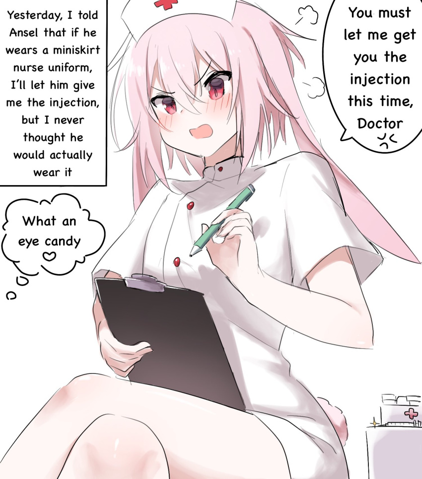 1boy animal_ears ansel_(arknights) arknights blush crossdressing crossed_legs english_text hat highres holding holding_pen nurse nurse_cap open_mouth otoko_no_ko pen pink_hair rabbit_boy rabbit_ears rabbit_tail red_eyes rinzy speech_bubble syringe tail