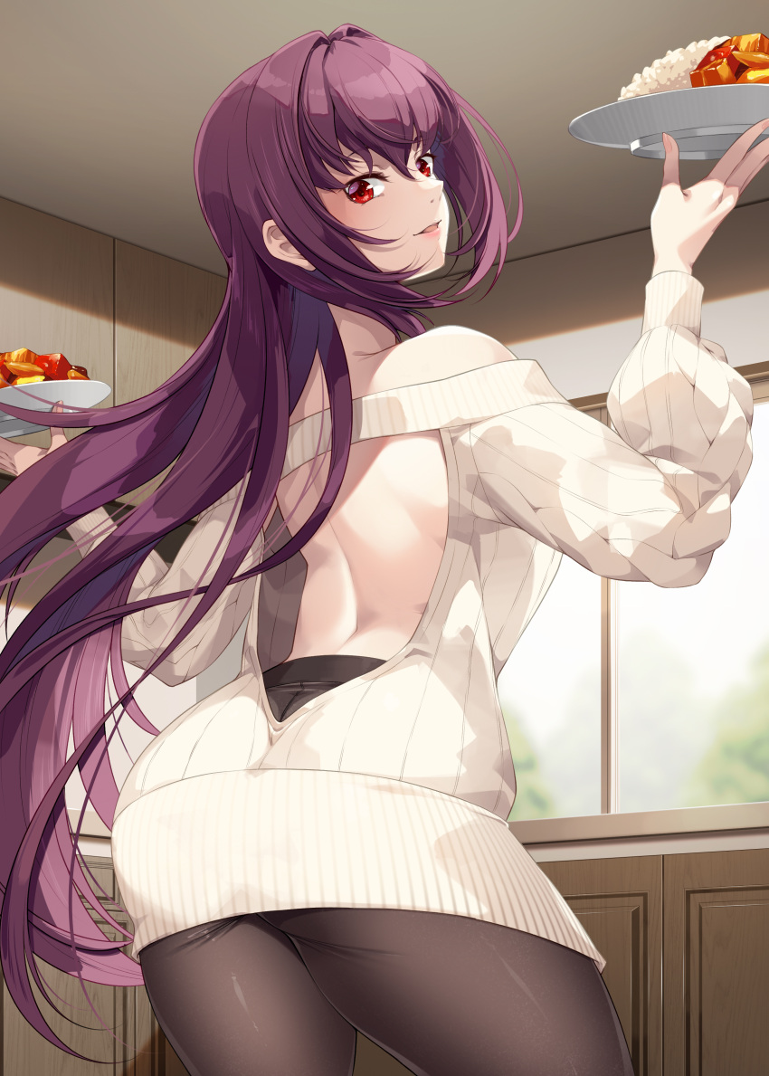 1girl absurdres ass back blush breasts fate/grand_order fate_(series) food highres large_breasts long_hair long_sleeves looking_at_another looking_at_viewer mukunokino_isshiki plate purple_hair red_eyes scathach_(fate) smile solo sweater thighs white_sweater