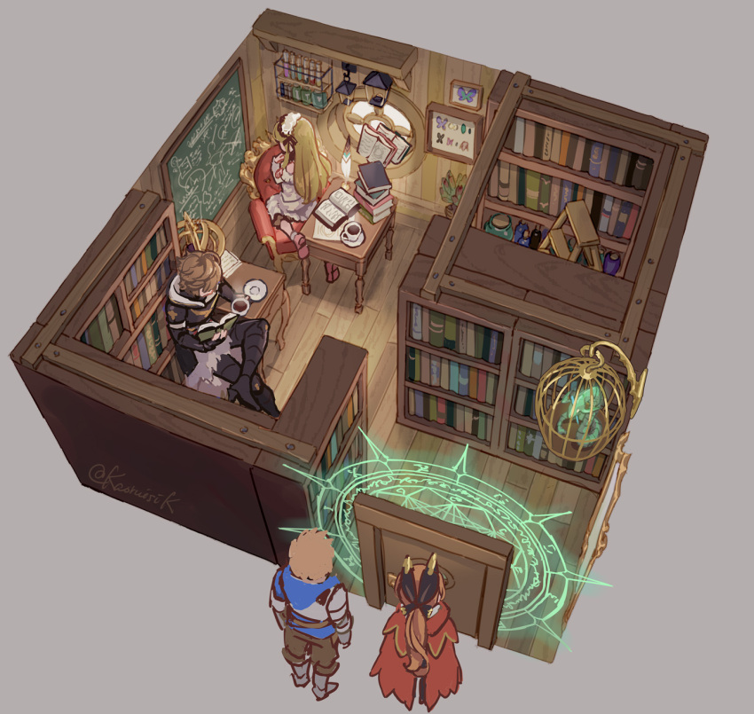 2boys 2girls ahoge armor artist_name blonde_hair blue_hoodie book book_stack bookshelf boots brown_hair brown_pants cagliostro_(granblue_fantasy) cape chalk chalkboard clarisse_(granblue_fantasy) coffee coffee_cup commentary crossed_legs cup display_case disposable_cup door dress floorplan frilled_dress frills gauntlets globe gran_(granblue_fantasy) granblue_fantasy greaves grey_background hair_between_eyes hair_ribbon hairband high_heel_boots high_heels highres hood hood_down hoodie in_cage ladder lamp lolita_hairband long_hair magic_circle messy_hair mirror multiple_boys multiple_girls official_alternate_costume on_chair open_book orange_hair pants pink_footwear plant plate ponytail pota_(bluegutty) potion potted_plant reading red_cape ribbon sandalphon_(granblue_fantasy) science shelf signature sitting snake sunlight tight_clothes tight_pants twitter_username wariza white_cape white_dress window writing