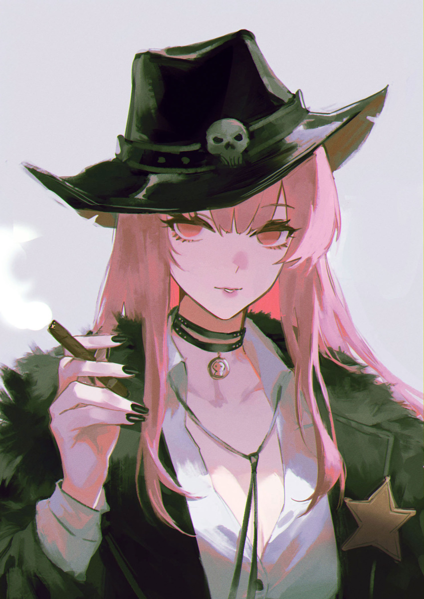 1girl black_choker black_hat black_nails breasts choker cigar cleavage collared_shirt commentary cowboy_hat english_commentary hat highres holding hololive hololive_english jacket large_breasts long_hair looking_at_viewer low-cut mori_calliope mori_calliope_(sheriff) pink_eyes pink_hair sheriff sheriff_badge shirt solo tomatoketchup96 virtual_youtuber white_background