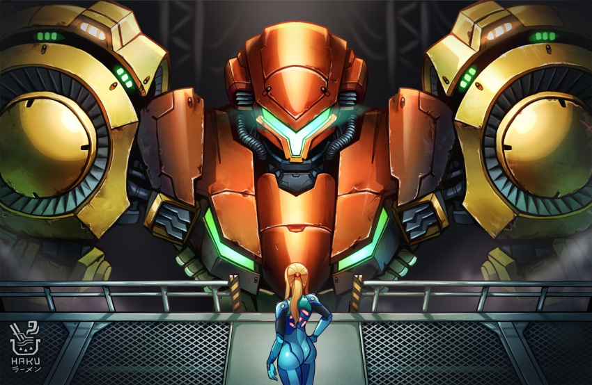 1girl ass blonde_hair blue_bodysuit bodysuit from_behind hakuramen highres mecha metroid mobile_suit ponytail robot samus_aran solo tagme varia_suit zero_suit